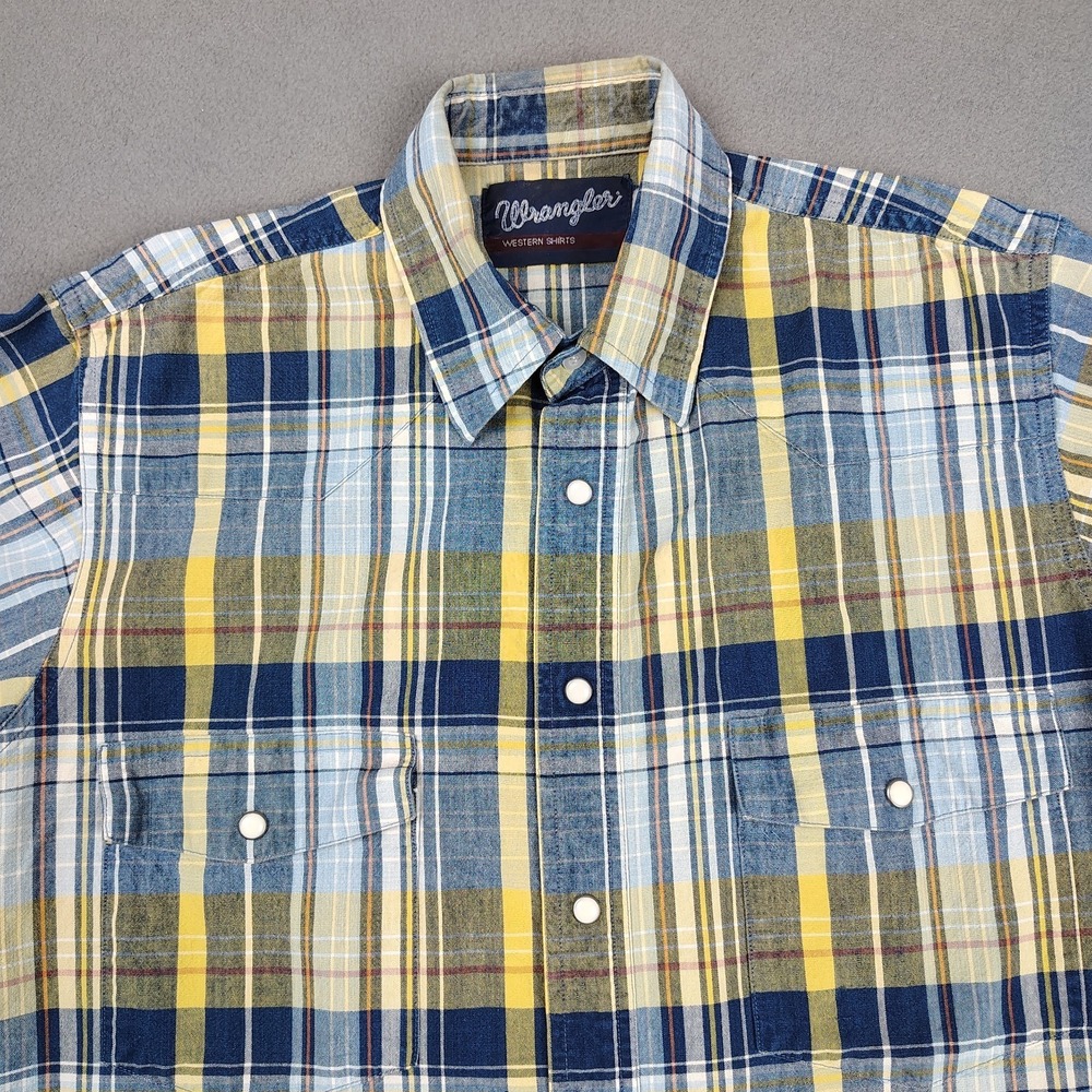 Vintage Wrangler Pearl Snap Short Sleeve Large Blue Yellow Plaid Heavy Long Tail - Picture 7 of 7